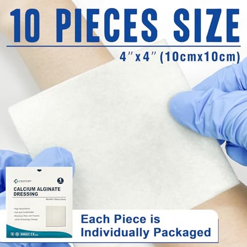 Ceeport Calcium-Alginat-Wundverband Pads, 10 x 10 cm (4x4 Zoll) [10er Pack], Hohe Saugfähigkeit, weiche Wundversorgung, sanft und nicht klebend