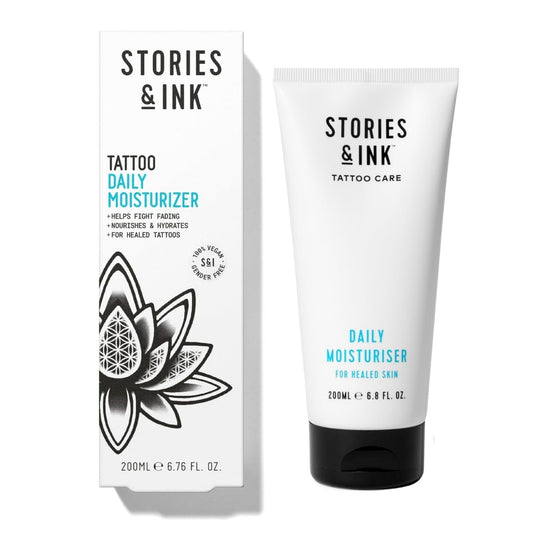 Stories & Ink Tattoo Care | Tägliche Feuchtigkeitspflege für verheilte Tattoos | Schnell einziehende Lotion mit UV-Schutz gegen Verblassen, 200 ml