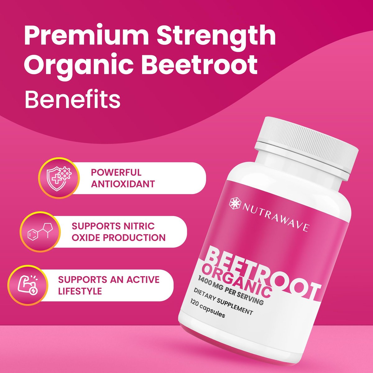 Nutra Wave 1400 mg Bio-Rote-Bete-Kapseln pro Portion – Stickstoffmonoxid-Booster für Männer – Unterstützt Blutdruck, Energie, Durchblutung und Herzgesundheit – Nicht-GVO, vegan – 120 Kapseln / 60-Tage-Vorrat