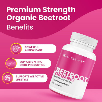 Nutra Wave 1400 mg Bio-Rote-Bete-Kapseln pro Portion – Stickstoffmonoxid-Booster für Männer – Unterstützt Blutdruck, Energie, Durchblutung und Herzgesundheit – Nicht-GVO, vegan – 120 Kapseln / 60-Tage-Vorrat