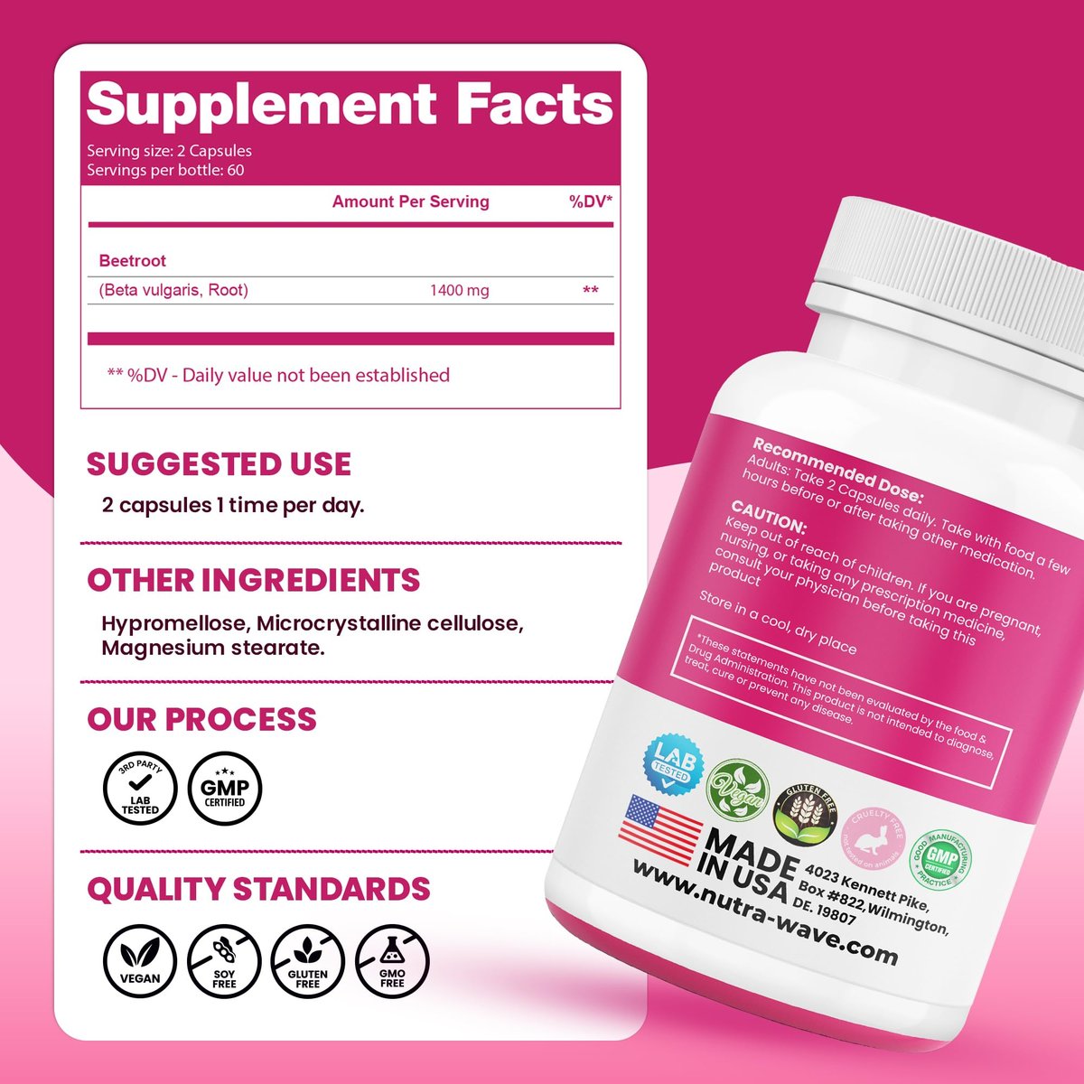 Nutra Wave 1400 mg Bio-Rote-Bete-Kapseln pro Portion – Stickstoffmonoxid-Booster für Männer – Unterstützt Blutdruck, Energie, Durchblutung und Herzgesundheit – Nicht-GVO, vegan – 120 Kapseln / 60-Tage-Vorrat