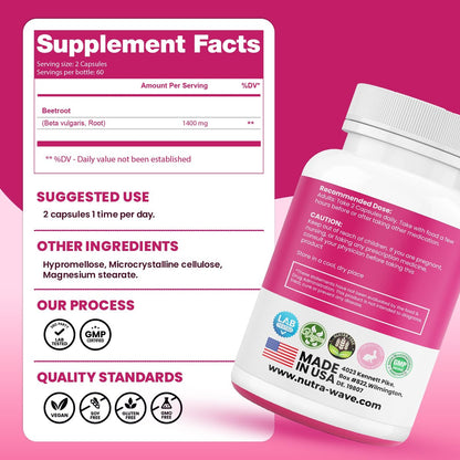 Nutra Wave 1400 mg Bio-Rote-Bete-Kapseln pro Portion – Stickstoffmonoxid-Booster für Männer – Unterstützt Blutdruck, Energie, Durchblutung und Herzgesundheit – Nicht-GVO, vegan – 120 Kapseln / 60-Tage-Vorrat