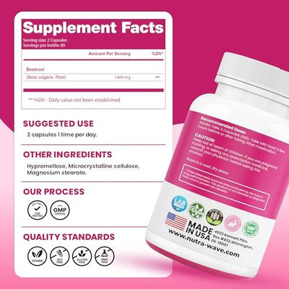 Nutra Wave 1400 mg Bio-Rote-Bete-Kapseln pro Portion – Stickstoffmonoxid-Booster für Männer – Unterstützt Blutdruck, Energie, Durchblutung und Herzgesundheit – Nicht-GVO, vegan – 120 Kapseln / 60-Tage-Vorrat