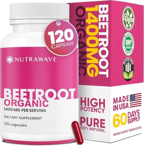 Nutra Wave 1400 mg Bio-Rote-Bete-Kapseln pro Portion – Stickstoffmonoxid-Booster für Männer – Unterstützt Blutdruck, Energie, Durchblutung und Herzgesundheit – Nicht-GVO, vegan – 120 Kapseln / 60-Tage-Vorrat