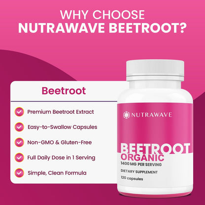 Nutra Wave 1400 mg Bio-Rote-Bete-Kapseln pro Portion – Stickstoffmonoxid-Booster für Männer – Unterstützt Blutdruck, Energie, Durchblutung und Herzgesundheit – Nicht-GVO, vegan – 120 Kapseln / 60-Tage-Vorrat