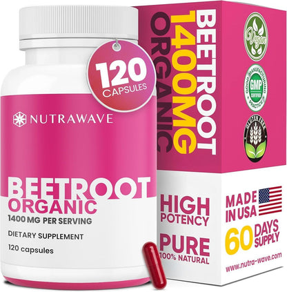 Nutra Wave 1400 mg Bio-Rote-Bete-Kapseln pro Portion – Stickstoffmonoxid-Booster für Männer – Unterstützt Blutdruck, Energie, Durchblutung und Herzgesundheit – Nicht-GVO, vegan – 120 Kapseln / 60-Tage-Vorrat