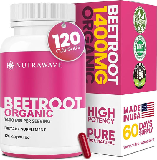 Nutra Wave 1400 mg Bio-Rote-Bete-Kapseln pro Portion – Stickstoffmonoxid-Booster für Männer – Unterstützt Blutdruck, Energie, Durchblutung und Herzgesundheit – Nicht-GVO, vegan – 120 Kapseln / 60-Tage-Vorrat