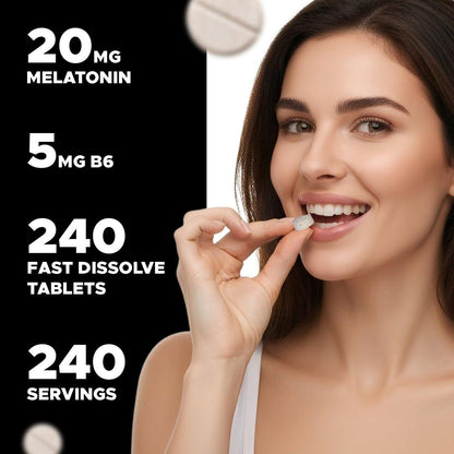 Vitabod Melatonin 20 mg – 240 schnell lösliche Tabletten – Erdbeergeschmack – Vegetarisch, Nicht-GVO, Glutenfrei