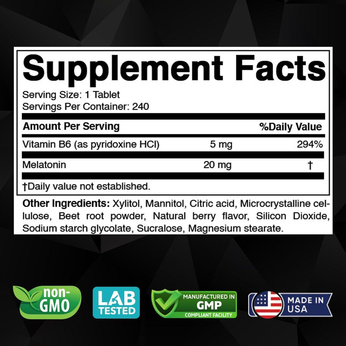 Vitabod Melatonin 20 mg – 240 schnell lösliche Tabletten – Erdbeergeschmack – Vegetarisch, Nicht-GVO, Glutenfrei
