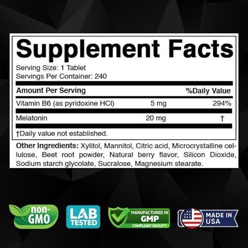 Vitabod Melatonin 20 mg – 240 schnell lösliche Tabletten – Erdbeergeschmack – Vegetarisch, Nicht-GVO, Glutenfrei