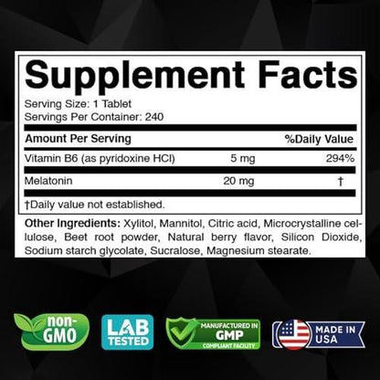 Vitabod Melatonin 20 mg – 240 schnell lösliche Tabletten – Erdbeergeschmack – Vegetarisch, Nicht-GVO, Glutenfrei