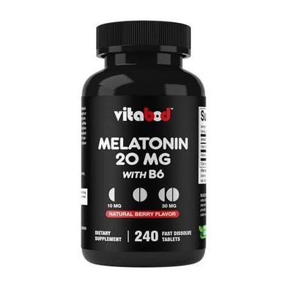 Vitabod Melatonin 20 mg – 240 schnell lösliche Tabletten – Erdbeergeschmack – Vegetarisch, Nicht-GVO, Glutenfrei