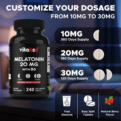 Vitabod Melatonin 20 mg – 240 schnell lösliche Tabletten – Erdbeergeschmack – Vegetarisch, Nicht-GVO, Glutenfrei