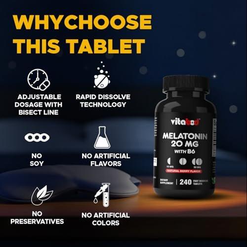 Vitabod Melatonin 20 mg – 240 schnell lösliche Tabletten – Erdbeergeschmack – Vegetarisch, Nicht-GVO, Glutenfrei