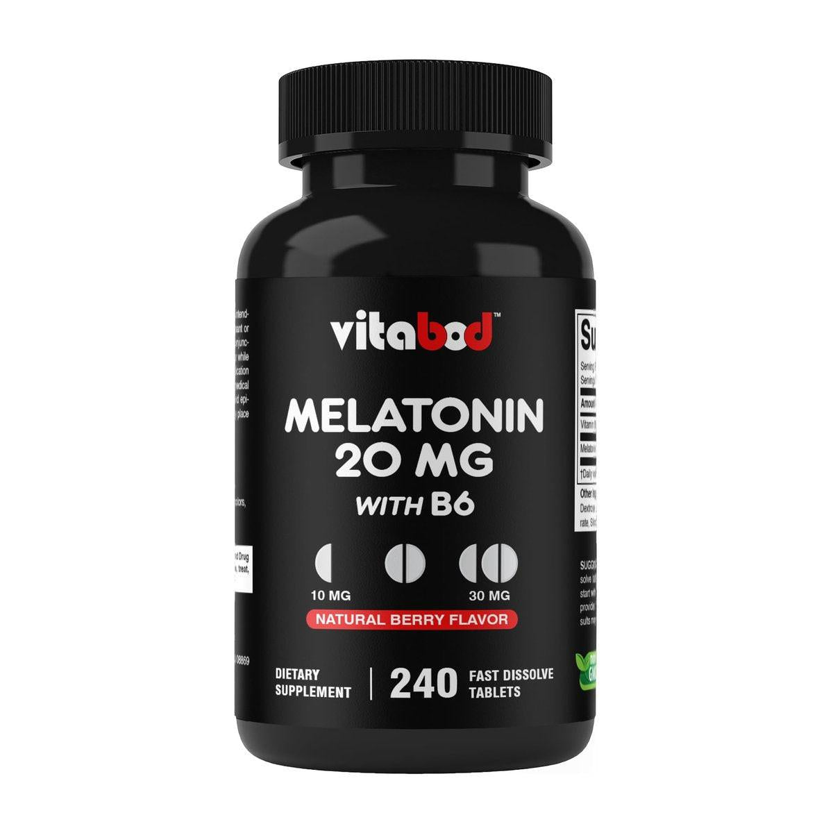 Vitabod Melatonin 20 mg – 240 schnell lösliche Tabletten – Erdbeergeschmack – Vegetarisch, Nicht-GVO, Glutenfrei