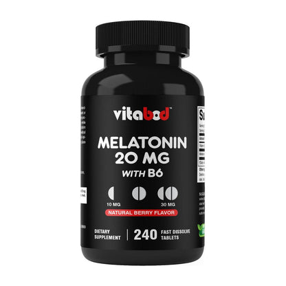 Vitabod Melatonin 20 mg – 240 schnell lösliche Tabletten – Erdbeergeschmack – Vegetarisch, Nicht-GVO, Glutenfrei
