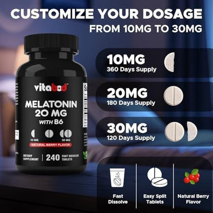 Vitabod Melatonin 20 mg – 240 schnell lösliche Tabletten – Erdbeergeschmack – Vegetarisch, Nicht-GVO, Glutenfrei
