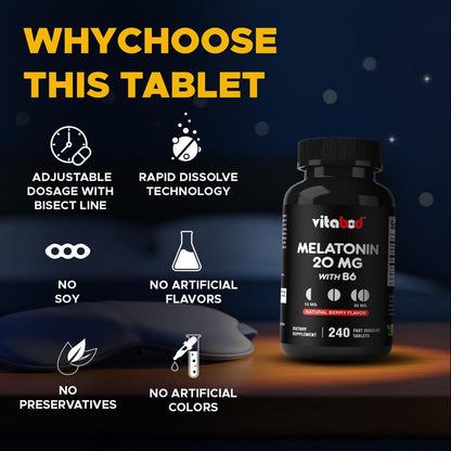 Vitabod Melatonin 20 mg – 240 schnell lösliche Tabletten – Erdbeergeschmack – Vegetarisch, Nicht-GVO, Glutenfrei