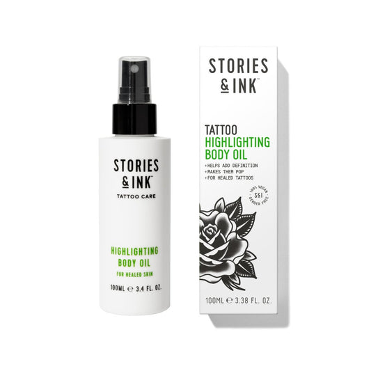 Stories & Ink Tattoo Care | HIGHLIGHTING BODY OIL für verheilte Tattoos | Sofortiger Glanz zur Steigerung der Farbintensität & Auffrischung verblasster Tätowierungen | Leichte, nicht fettende tägliche Feuchtigkeitspflege, 100 ml / 3,4 Fl Oz