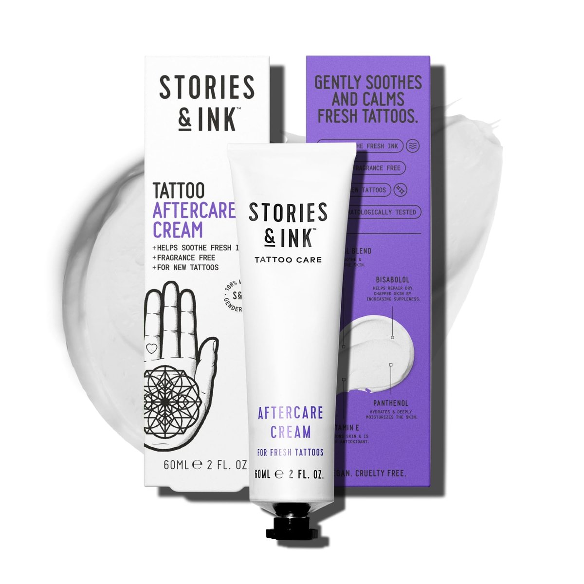 Stories & Ink Tattoo Care | Aftercare Cream für frische Tattoos | Beruhigende Feuchtigkeitscreme zur Linderung von juckender, gereizter neuer Tinte | Ultra-sanfter Tattoo-Heilbalsam, parfümfrei, 60 ml / 2 Fl Oz