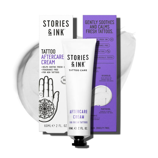 Stories & Ink Tattoo Care | Aftercare Cream für frische Tattoos | Beruhigende Feuchtigkeitscreme zur Linderung von juckender, gereizter neuer Tinte | Ultra-sanfter Tattoo-Heilbalsam, parfümfrei, 60 ml / 2 Fl Oz