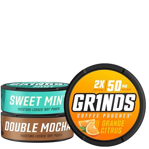 Grinds Coffee Pouches 18 pro Dose | 3 Dosen Energy Probierpaket | Double Mocha, Sweet Mint, Orange Citrus | Koffeinbeutel | Tragbare Energie | Kein Crash, Kein Zittern | B-Vitamine | Fokus | Zuckerfrei