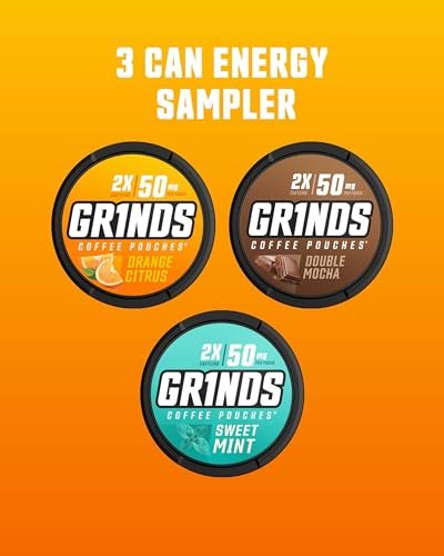 Grinds Coffee Pouches 18 pro Dose | 3 Dosen Energy Probierpaket | Double Mocha, Sweet Mint, Orange Citrus | Koffeinbeutel | Tragbare Energie | Kein Crash, Kein Zittern | B-Vitamine | Fokus | Zuckerfrei