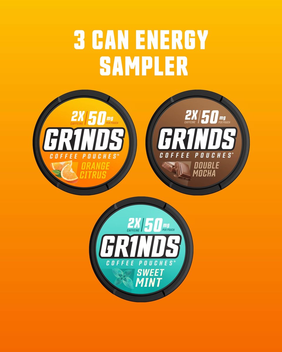 Grinds Coffee Pouches 18 pro Dose | 3 Dosen Energy Probierpaket | Double Mocha, Sweet Mint, Orange Citrus | Koffeinbeutel | Tragbare Energie | Kein Crash, Kein Zittern | B-Vitamine | Fokus | Zuckerfrei