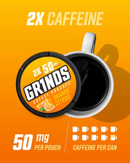 Grinds Coffee Pouches 18 pro Dose | 3 Dosen Energy Probierpaket | Double Mocha, Sweet Mint, Orange Citrus | Koffeinbeutel | Tragbare Energie | Kein Crash, Kein Zittern | B-Vitamine | Fokus | Zuckerfrei