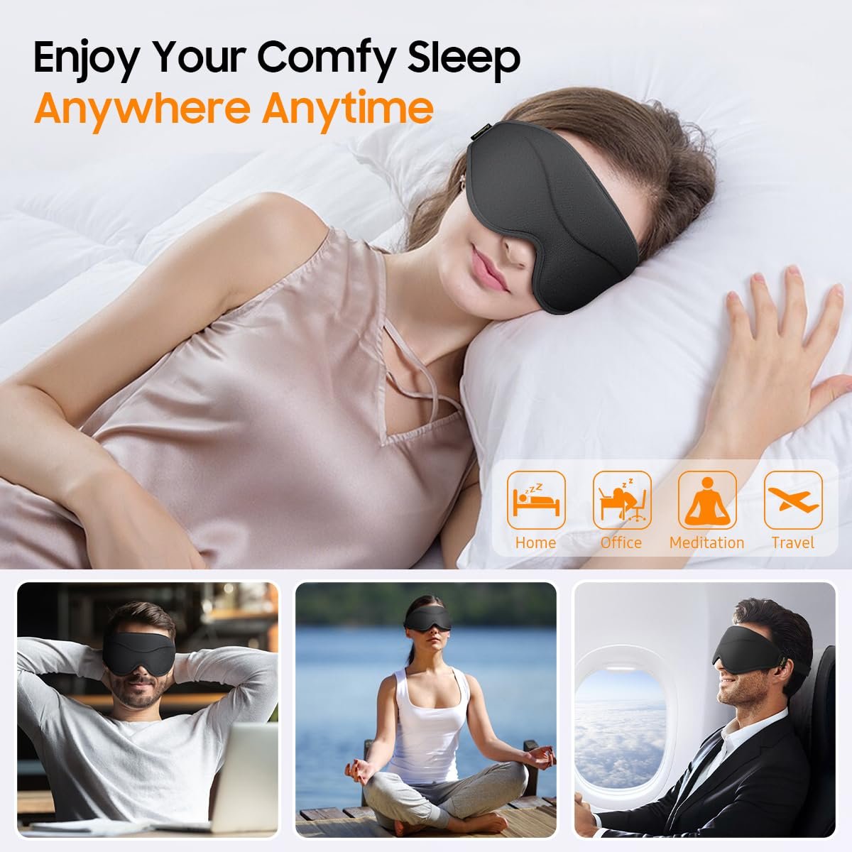 Premium Schlafmaske – 3D ergonomische Augenmaske für totales Blackout, superweicher Komfort, verstellbarer Sitz – für Zuhause, Büro, Reisen, Meditation, Yoga – Schwarz