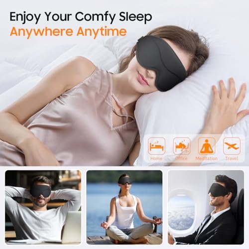 Premium Schlafmaske – 3D ergonomische Augenmaske für totales Blackout, superweicher Komfort, verstellbarer Sitz – für Zuhause, Büro, Reisen, Meditation, Yoga – Schwarz