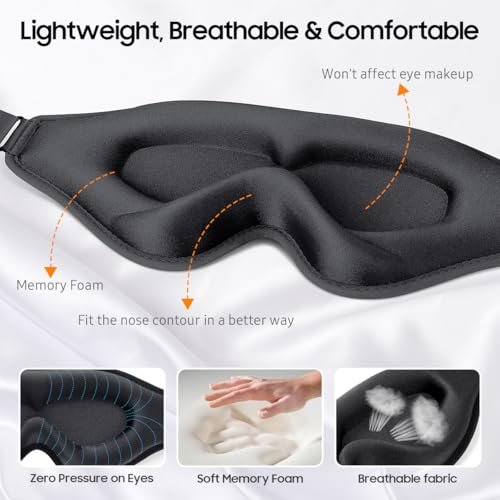 Premium Schlafmaske – 3D ergonomische Augenmaske für totales Blackout, superweicher Komfort, verstellbarer Sitz – für Zuhause, Büro, Reisen, Meditation, Yoga – Schwarz