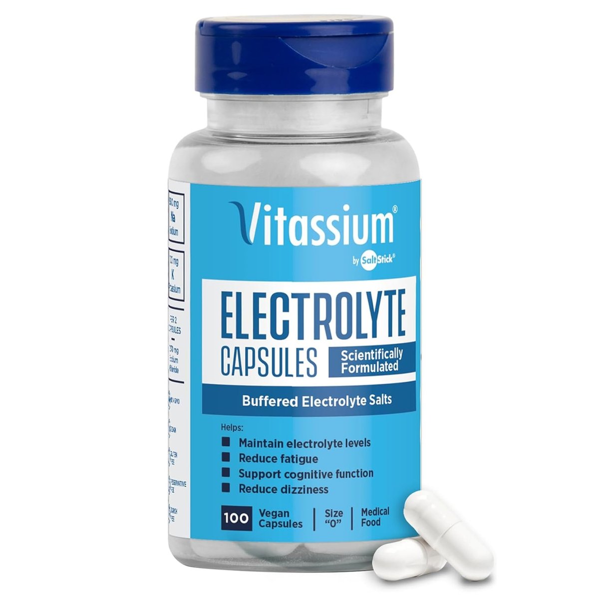 Vitassium Elektrolyt-Kapseln – 500 mg Natrium, 100 mg Kalium, ungesüßt, 100 Kapseln (Größe 0) für die Behandlung von POTS und natriumreiche Ernährung