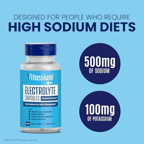 Vitassium Elektrolyt-Kapseln – 500 mg Natrium, 100 mg Kalium, ungesüßt, 100 Kapseln (Größe 0) für die Behandlung von POTS und natriumreiche Ernährung