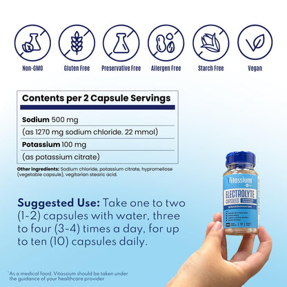 Vitassium Elektrolyt-Kapseln – 500 mg Natrium, 100 mg Kalium, ungesüßt, 100 Kapseln (Größe 0) für die Behandlung von POTS und natriumreiche Ernährung