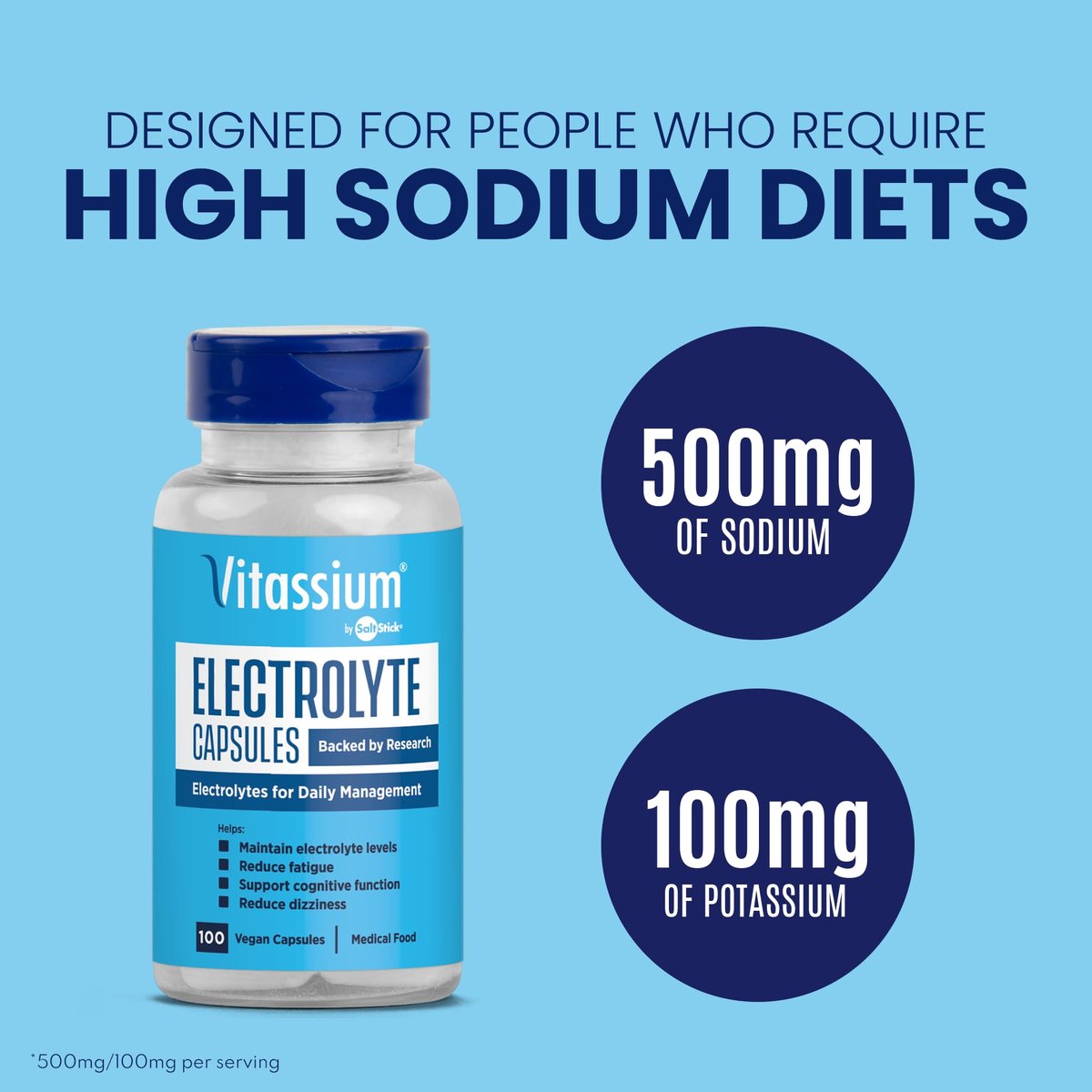Vitassium Elektrolyt-Kapseln – 500 mg Natrium, 100 mg Kalium, ungesüßt, 100 Kapseln (Größe 0) für die Behandlung von POTS und natriumreiche Ernährung
