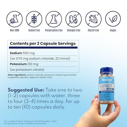Vitassium Elektrolyt-Kapseln – 500 mg Natrium, 100 mg Kalium, ungesüßt, 100 Kapseln (Größe 0) für die Behandlung von POTS und natriumreiche Ernährung