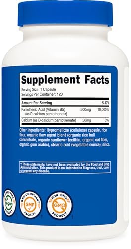 Nutricost Pantothensäure (Vitamin B5) 500mg, 120 Kapseln – Hochdosiertes B5 für Energie & Stoffwechsel
