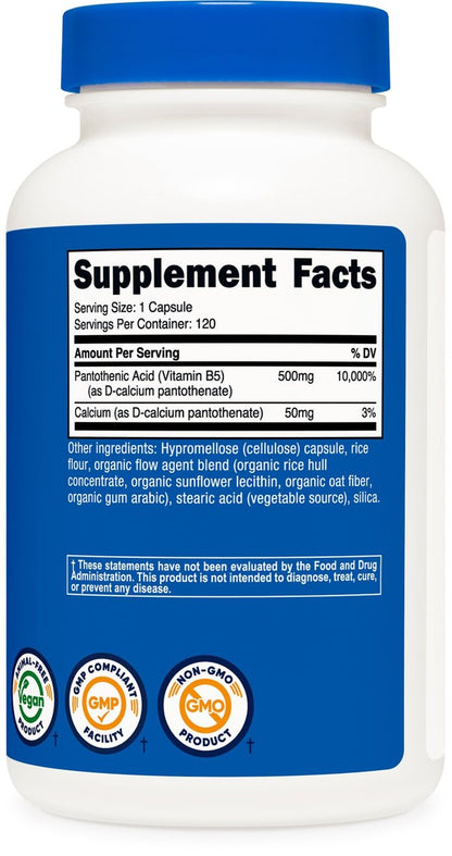 Nutricost Pantothensäure (Vitamin B5) 500mg, 120 Kapseln – Hochdosiertes B5 für Energie & Stoffwechsel