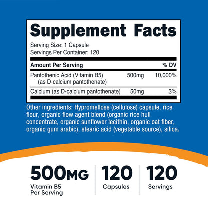 Nutricost Pantothensäure (Vitamin B5) 500mg, 120 Kapseln – Hochdosiertes B5 für Energie & Stoffwechsel