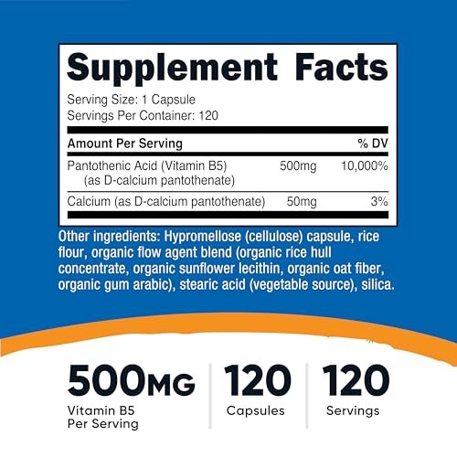 Nutricost Pantothensäure (Vitamin B5) 500mg, 120 Kapseln – Hochdosiertes B5 für Energie & Stoffwechsel