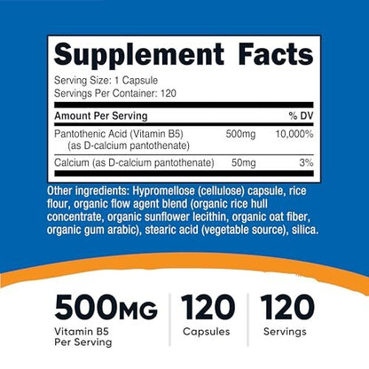 Nutricost Pantothensäure (Vitamin B5) 500mg, 120 Kapseln – Hochdosiertes B5 für Energie & Stoffwechsel