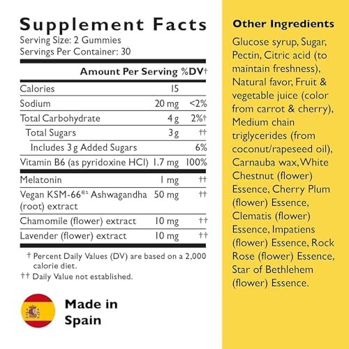 Bach RESCUE PLUS Sleep & Stress Support Gummibärchen, Nacht-Nahrungsergänzung mit 1 mg Melatonin, Ashwagandha, Kamille, Lavendel & Vitamin B6, natürlicher Blaubeergeschmack, vegan & glutenfrei, 60 Stück