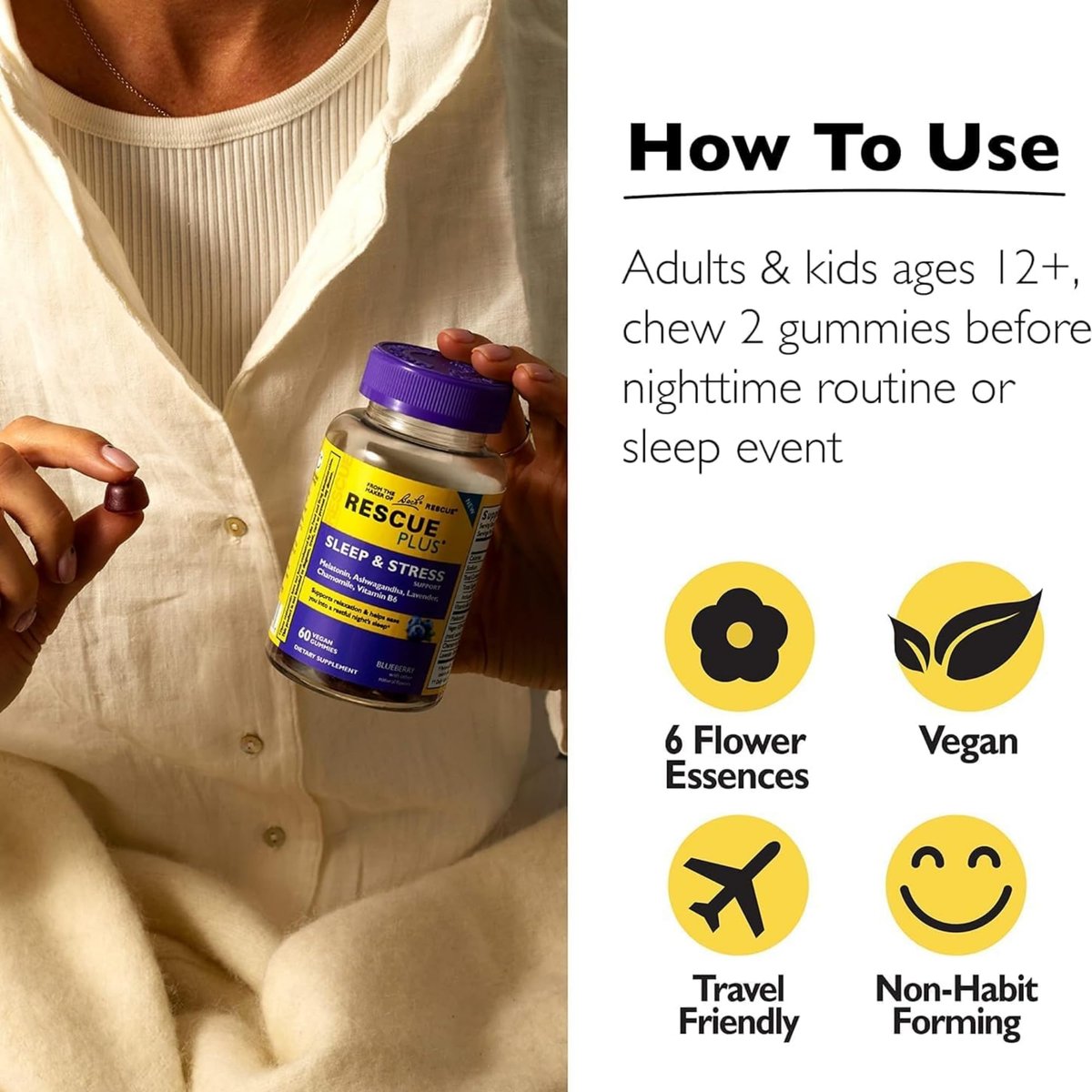 Bach RESCUE PLUS Sleep & Stress Support Gummibärchen, Nacht-Nahrungsergänzung mit 1 mg Melatonin, Ashwagandha, Kamille, Lavendel & Vitamin B6, natürlicher Blaubeergeschmack, vegan & glutenfrei, 60 Stück