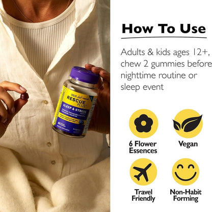 Bach RESCUE PLUS Sleep & Stress Support Gummibärchen, Nacht-Nahrungsergänzung mit 1 mg Melatonin, Ashwagandha, Kamille, Lavendel & Vitamin B6, natürlicher Blaubeergeschmack, vegan & glutenfrei, 60 Stück