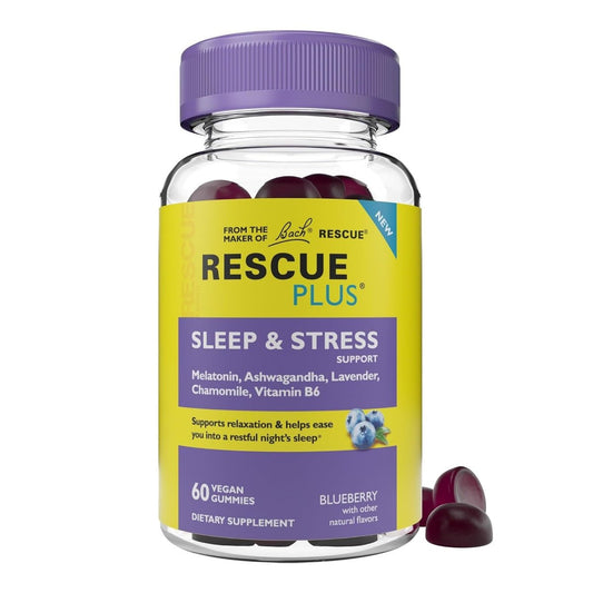 Bach RESCUE PLUS Sleep & Stress Support Gummibärchen, Nacht-Nahrungsergänzung mit 1 mg Melatonin, Ashwagandha, Kamille, Lavendel & Vitamin B6, natürlicher Blaubeergeschmack, vegan & glutenfrei, 60 Stück