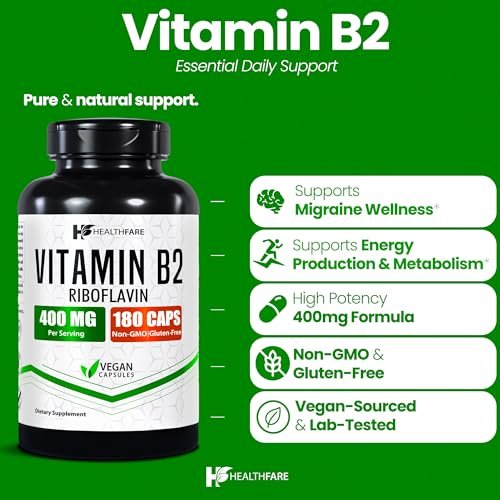 Healthfare Vitamin B2 Riboflavin 400 mg | 180 vegane Kapseln | Hochdosiert | Nicht-GMO | Glutenfrei | Hergestellt in den USA