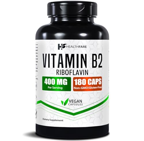 Healthfare Vitamin B2 Riboflavin 400 mg | 180 vegane Kapseln | Hochdosiert | Nicht-GMO | Glutenfrei | Hergestellt in den USA