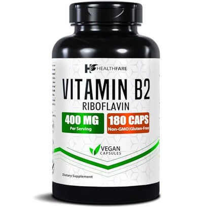 Healthfare Vitamin B2 Riboflavin 400 mg | 180 vegane Kapseln | Hochdosiert | Nicht-GMO | Glutenfrei | Hergestellt in den USA
