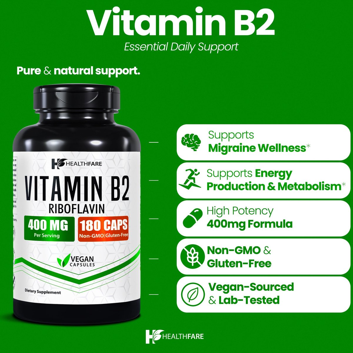 Healthfare Vitamin B2 Riboflavin 400 mg | 180 vegane Kapseln | Hochdosiert | Nicht-GMO | Glutenfrei | Hergestellt in den USA